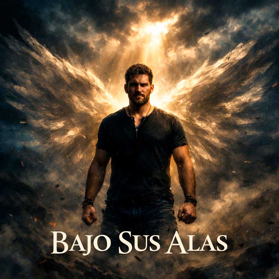 Portada de Bajo Sus Alas inspirada en el Salmo 91, hombre protegido por alas de luz en medio de una tormenta