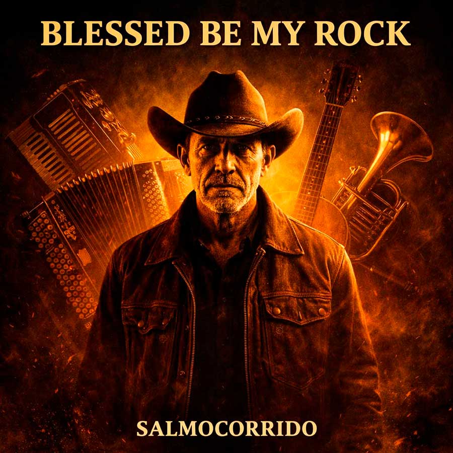 Cowboy man with hat surrounded by accordion, guitar and brass instruments on a cinematic album cover