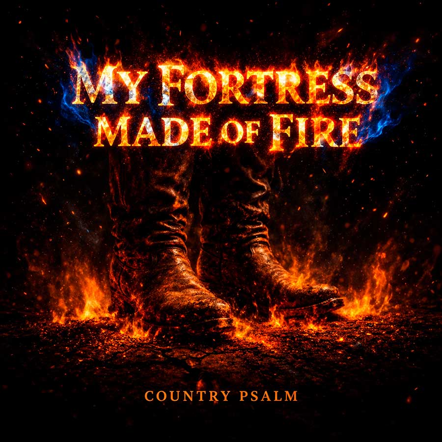 Burning boots on fire with glowing embers, country psalm album cover for My Fortress Made of Fire song