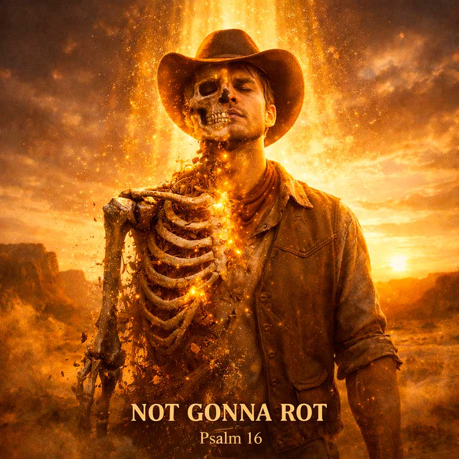 Cinematic country album cover for “Not Gonna Rot (Psalm 16)” showing resurrection and victory over decay in a desert