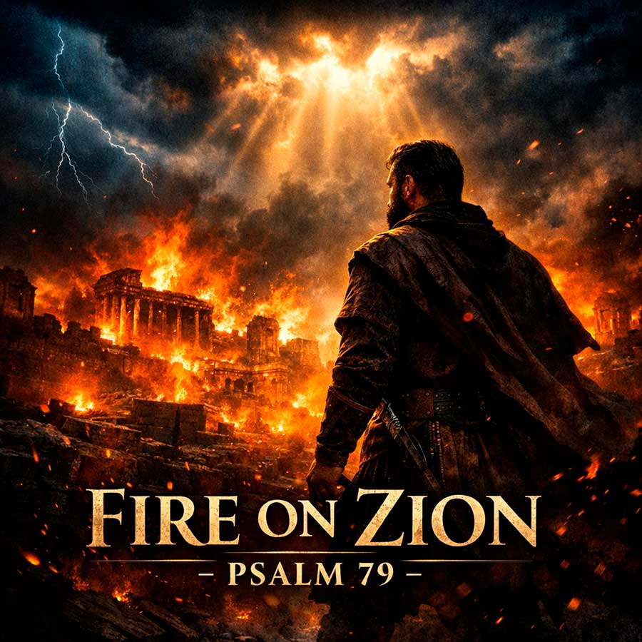 Fire on Zion Psalm 79 album cover showing burning ancient city and man standing in flames with divine light